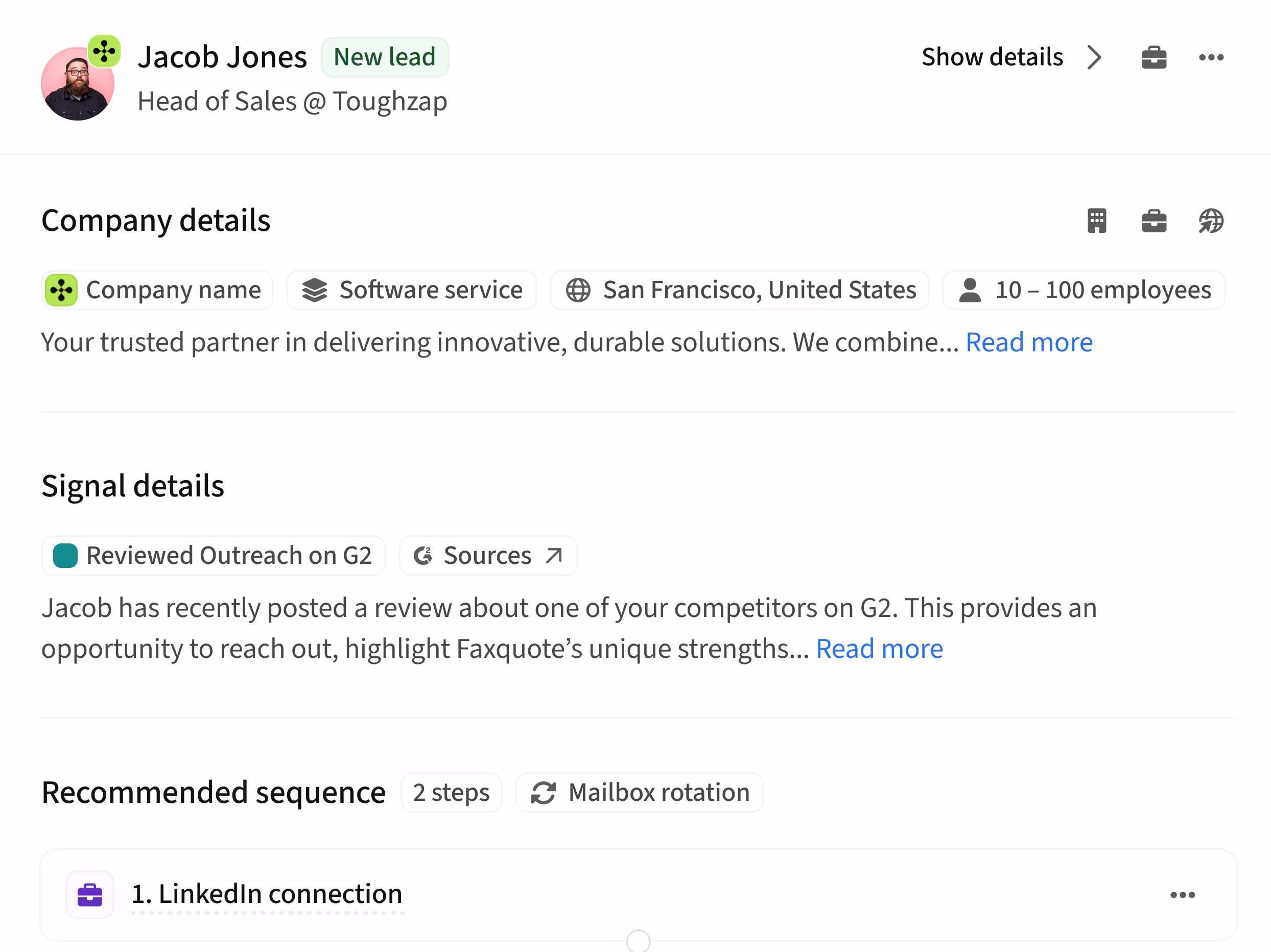 Product screen for deep account & lead research
