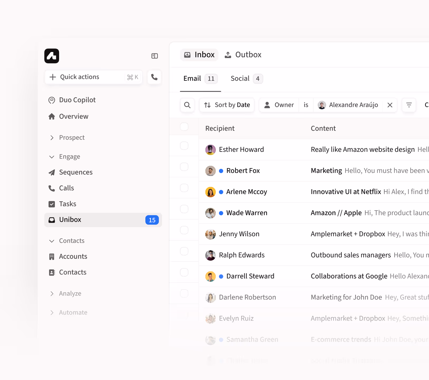 Product screen displaying Amplemarket's Unibox